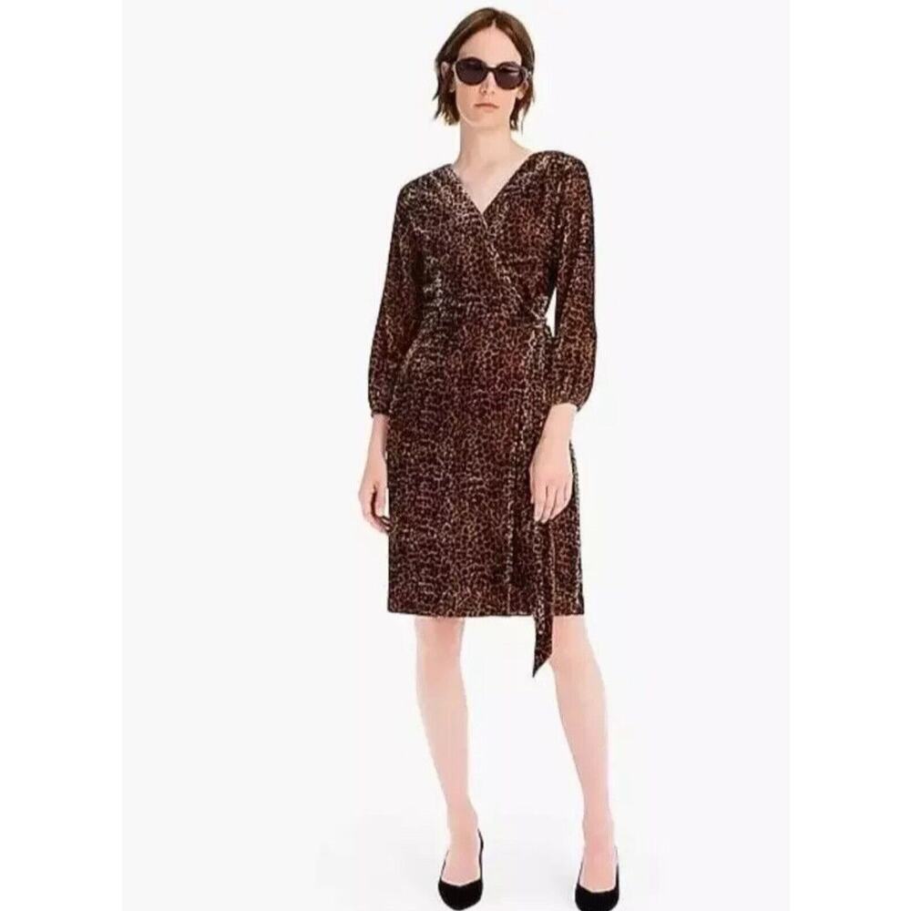 NWT J CREW Brown Leopard Print Velvet‎ V-Neck Puff Sleeve Wrap Dress Size 6 FLAW